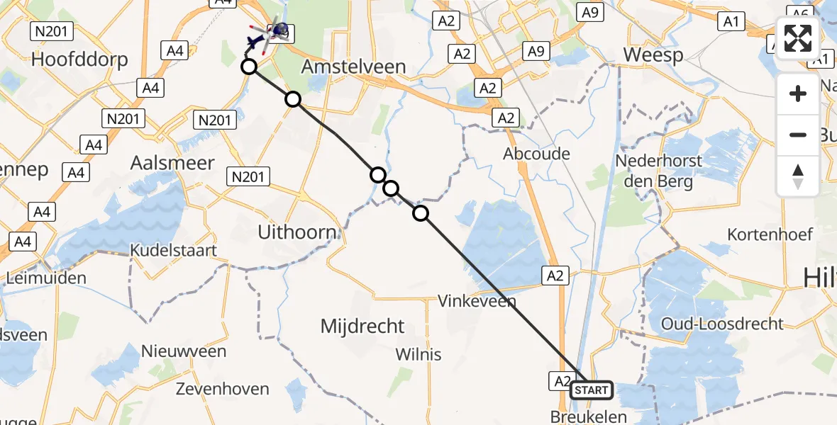 Vluchtroute Politiehelikopter Breukelen - Amsterdam Vliegveld Schiphol, 22 juli 2026, 18:54