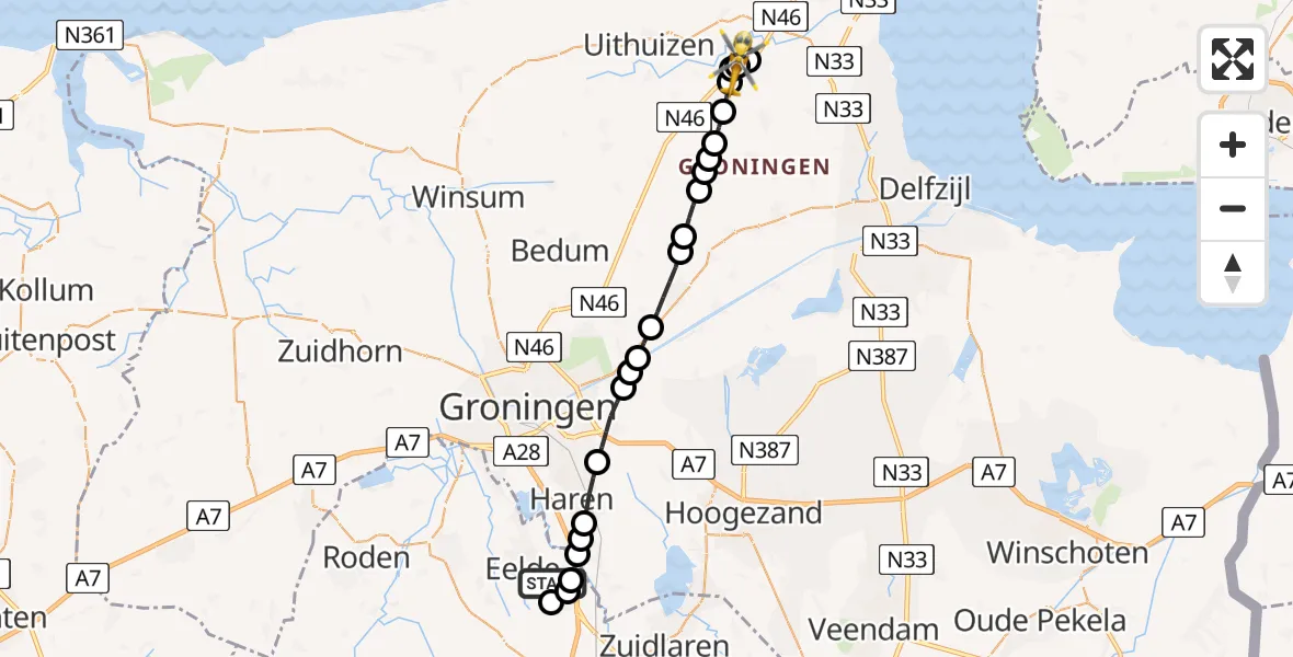 Vluchtroute Traumahelikopter Groningen Airport Eelde - Oosternieland, 23 juli 2026, 02:31