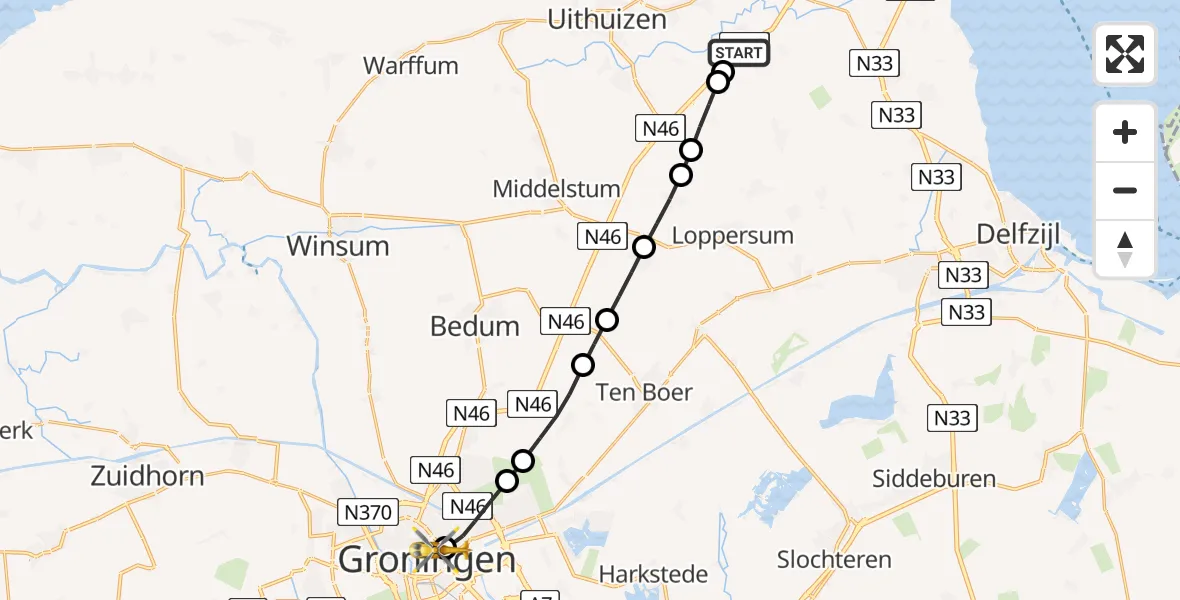 Vluchtroute Traumahelikopter Oosternieland - Universitair Medisch Centrum Groningen, 23 juli 2026, 03:10