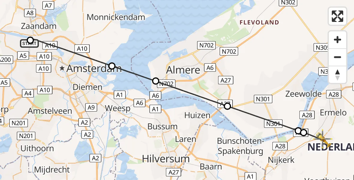 Vluchtroute Traumahelikopter Amsterdam Heliport - Putten, 23 juli 2026, 09:08