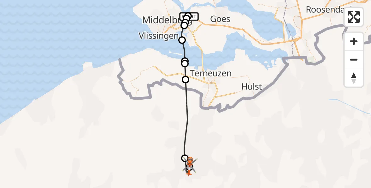 Vluchtroute Kustwachthelikopter Vliegveld Midden-Zeeland - Ghent/Industry Zone Heliport, 23 juli 2026, 12:14