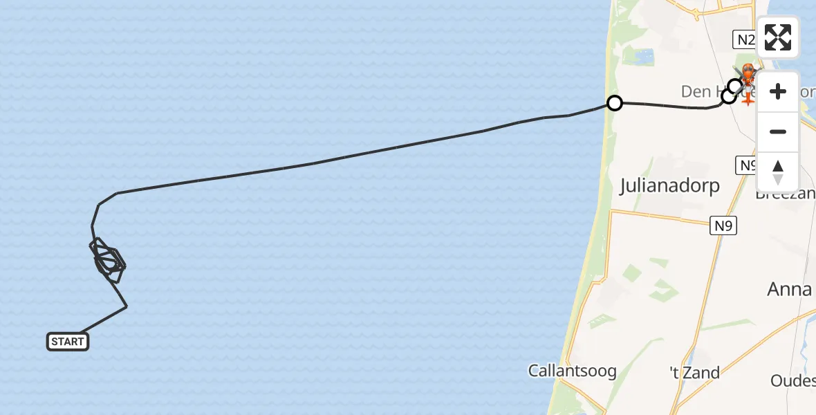 Vluchtroute Kustwachthelikopter Noordzee - Militair vliegveld De Kooy / Den Helder Airport, 23 juli 2026, 13:05