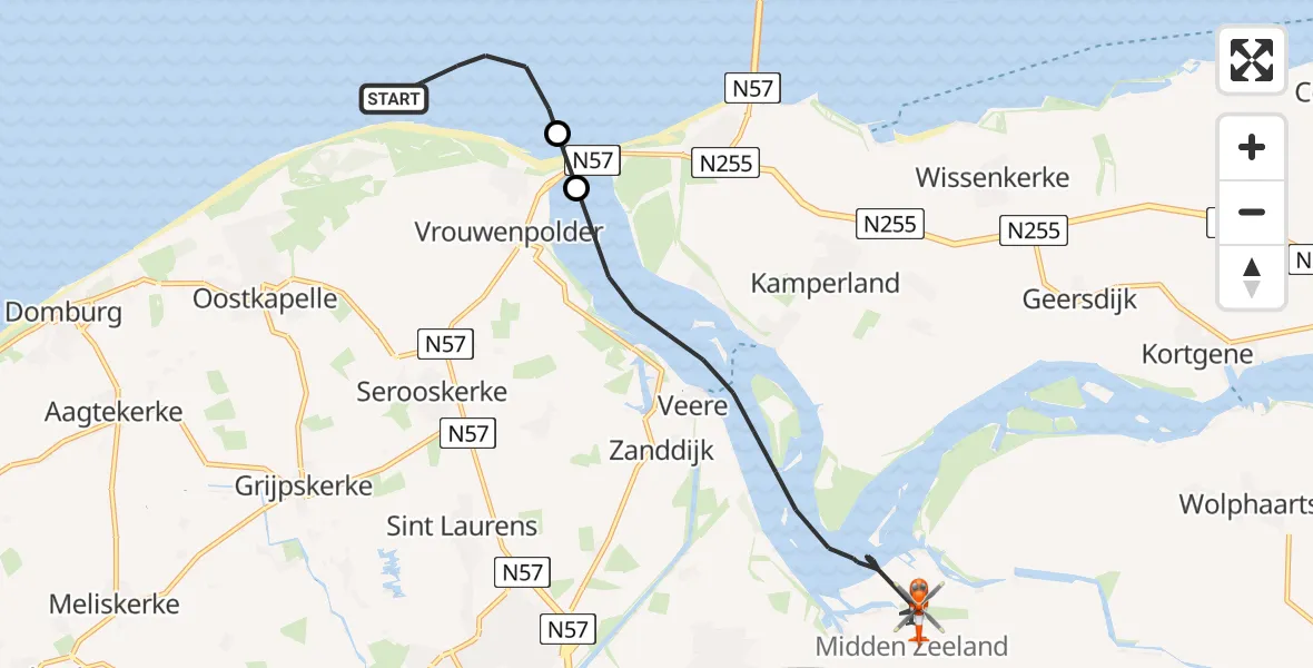 Vluchtroute Kustwachthelikopter Noordzee - Vliegveld Midden-Zeeland, 23 juli 2026, 13:12