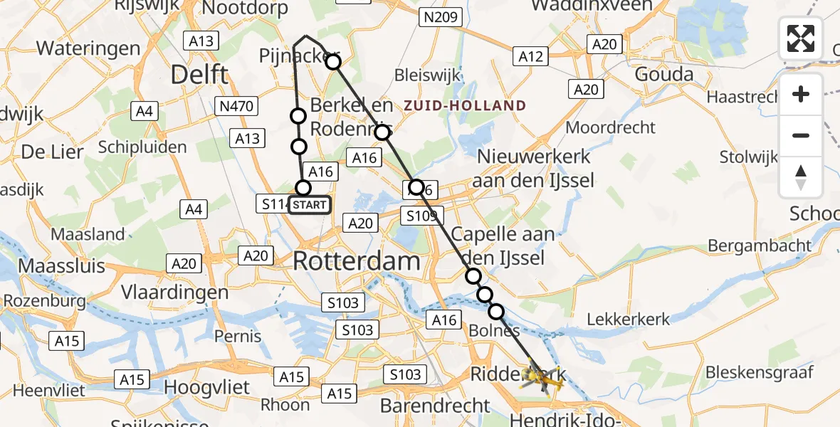 Vluchtroute Traumahelikopter Rotterdam The Hague Airport - Ridderkerk, 23 juli 2026, 15:08