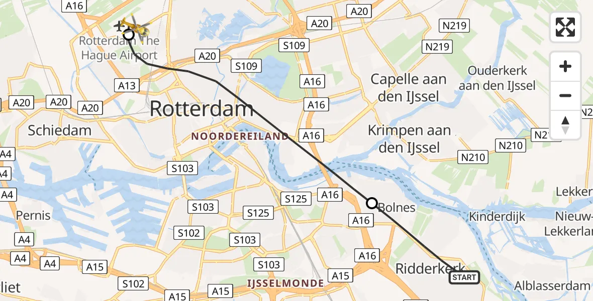 Vluchtroute Traumahelikopter Ridderkerk - Rotterdam The Hague Airport, 23 juli 2026, 15:33