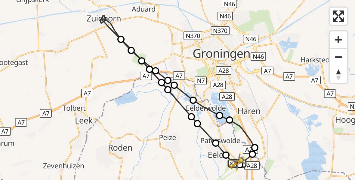 Vluchtroute Traumahelikopter Groningen Airport Eelde - Groningen Airport Eelde, 23 juli 2026, 15:38