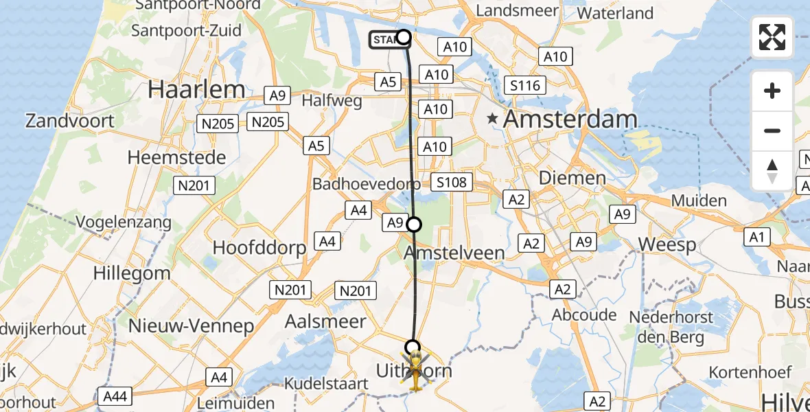 Vluchtroute Traumahelikopter Amsterdam Heliport - Uithoorn, 23 juli 2026, 17:03