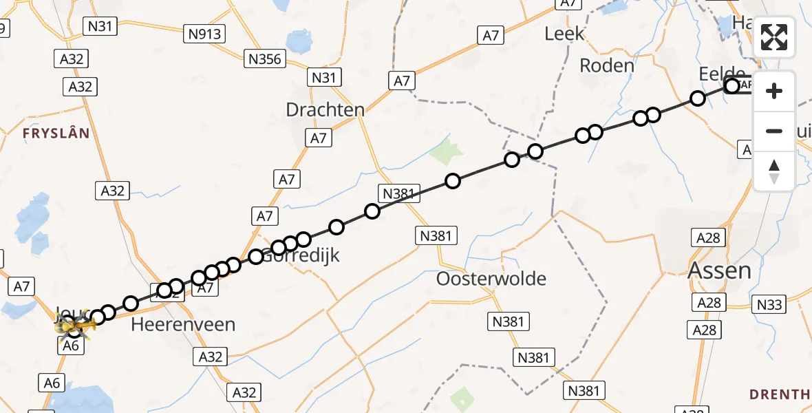 Vluchtroute Traumahelikopter Groningen Airport Eelde - Joure, 23 juli 2026, 20:57