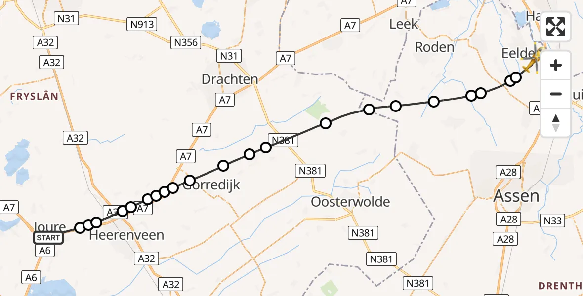 Vluchtroute Traumahelikopter Joure - Groningen Airport Eelde, 23 juli 2026, 21:39