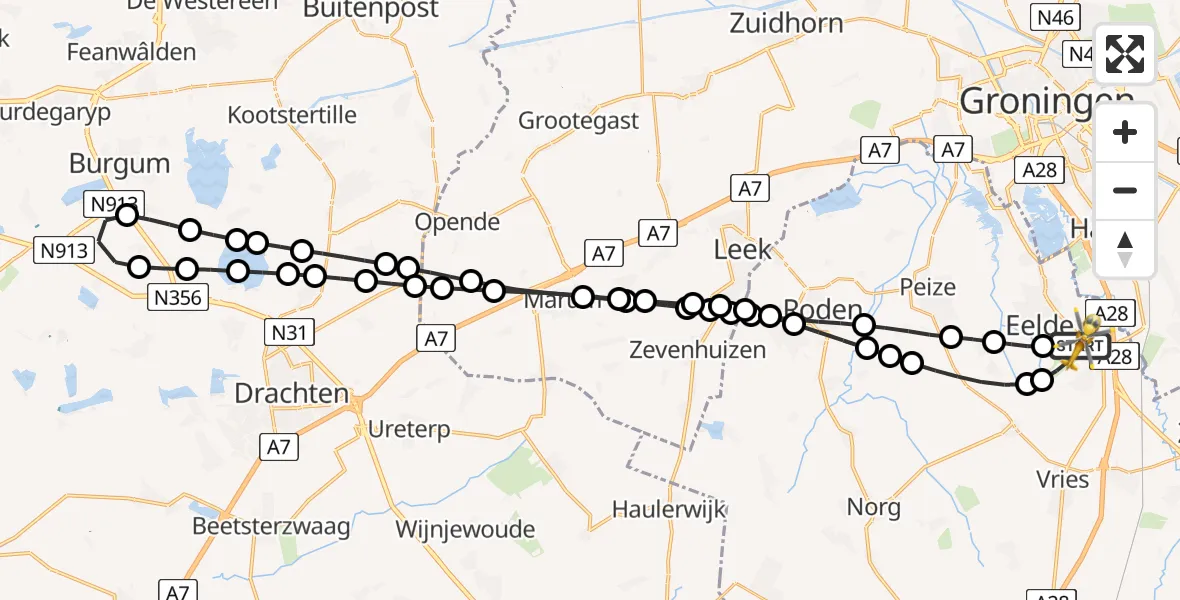 Vluchtroute Traumahelikopter Groningen Airport Eelde - Groningen Airport Eelde, 23 juli 2026, 22:42