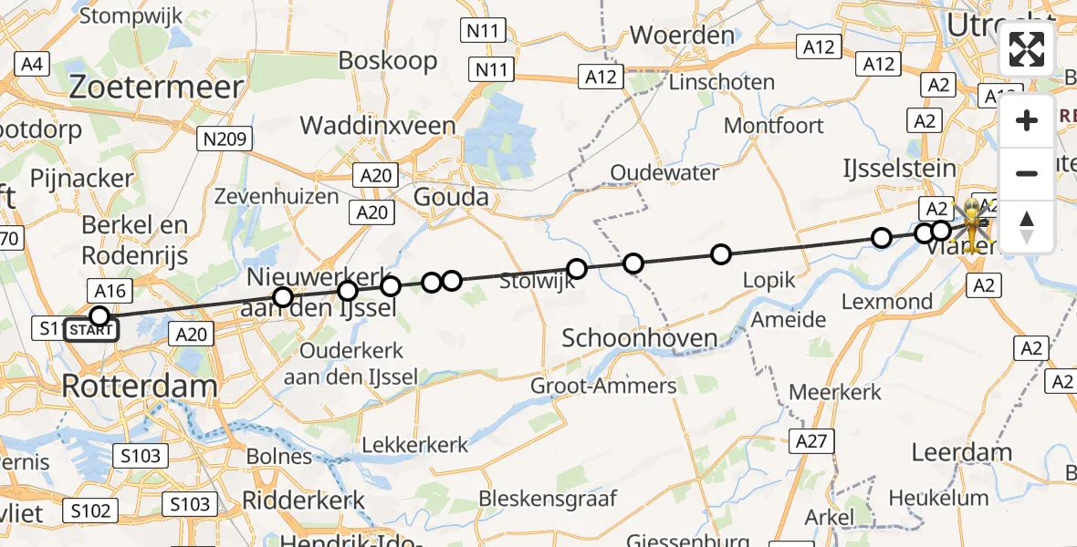 Vluchtroute Traumahelikopter Rotterdam The Hague Airport - Vianen, 24 juli 2026, 03:54