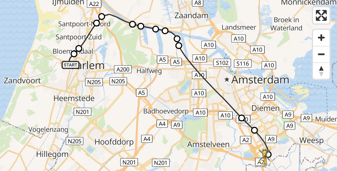 Vluchtroute Traumahelikopter Overveen - Amsterdam UMC Helipad, 24 juli 2026, 05:12