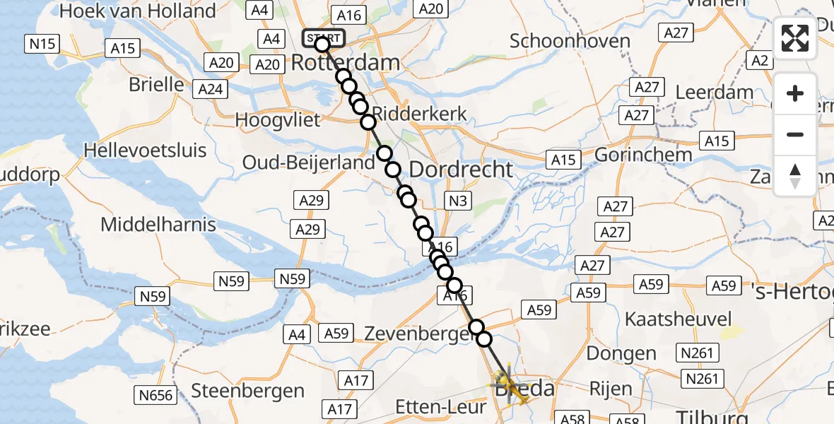 Vluchtroute Traumahelikopter Rotterdam The Hague Airport - Breda, 24 juli 2026, 06:49