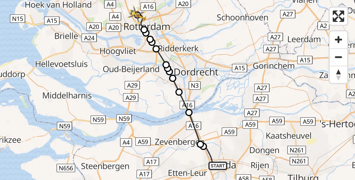 Vluchtroute Traumahelikopter Breda - Rotterdam The Hague Airport, 24 juli 2026, 07:30