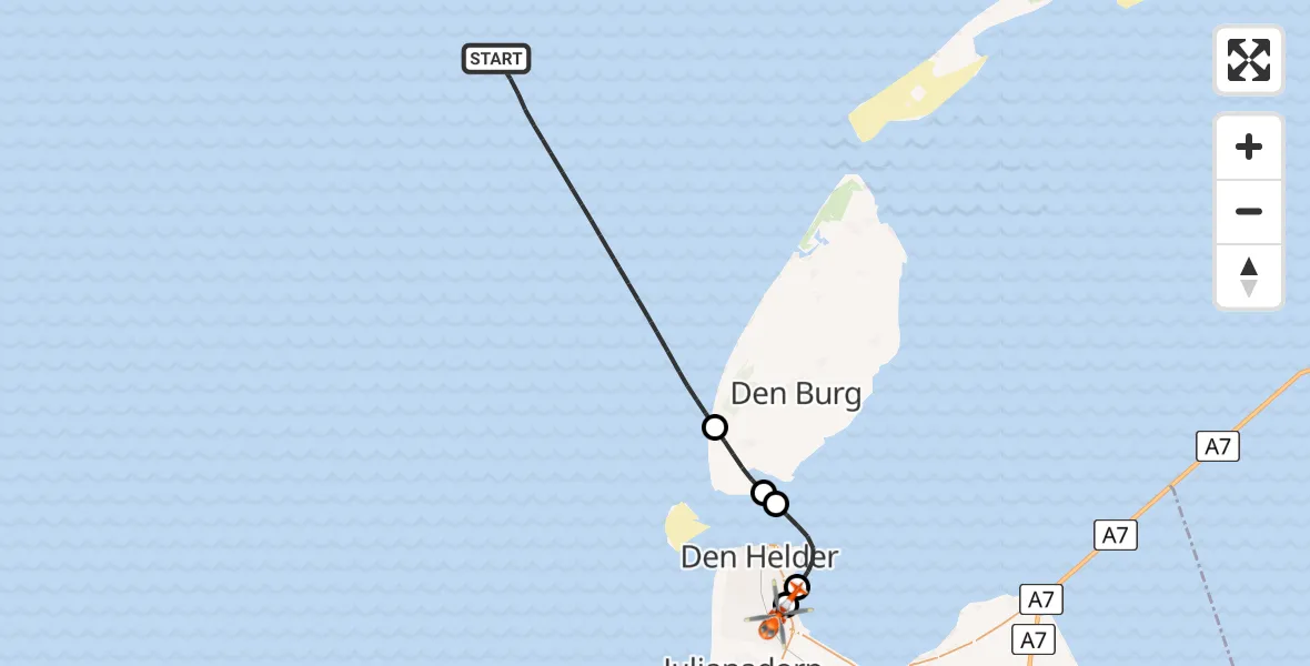 Vluchtroute Kustwachthelikopter Noordzee - Militair vliegveld De Kooy / Den Helder Airport, 24 juli 2026, 09:58