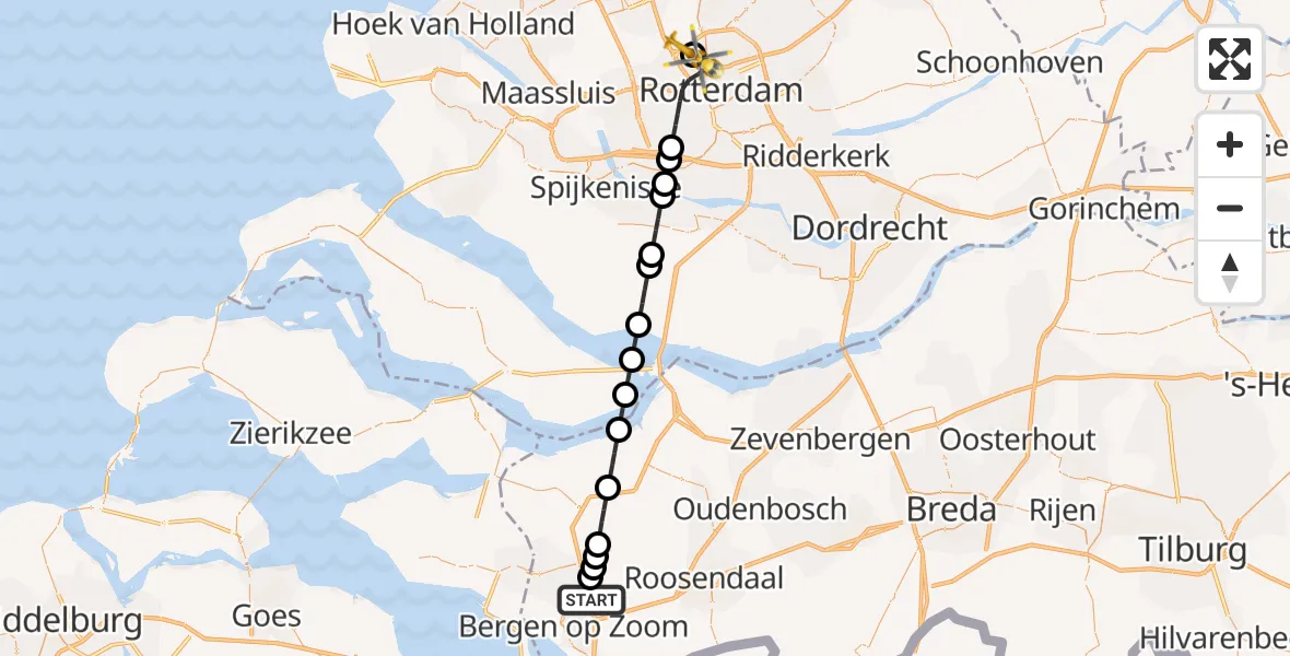 Vluchtroute Traumahelikopter Halsteren - Rotterdam The Hague Airport, 24 juli 2026, 11:12