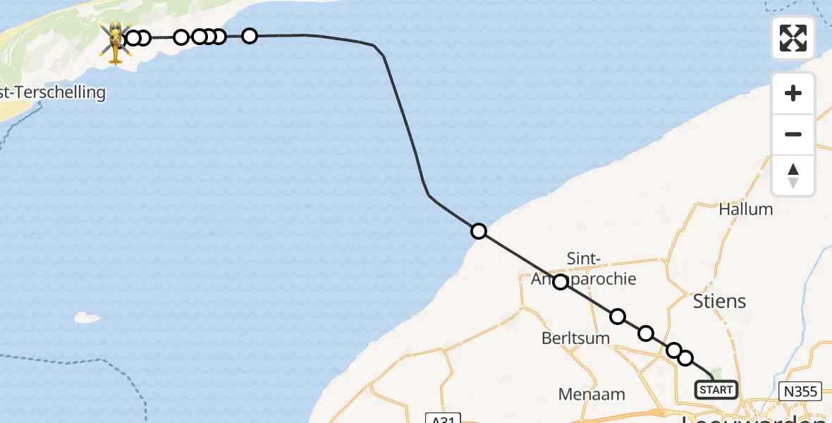 Vluchtroute Ambulancehelikopter Vliegbasis Leeuwarden - Terschelling Heliport, 24 juli 2026, 11:32