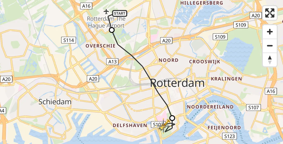 Vluchtroute Traumahelikopter Rotterdam The Hague Airport - Erasmus Medisch Centrum Heliport, 24 juli 2026, 11:43