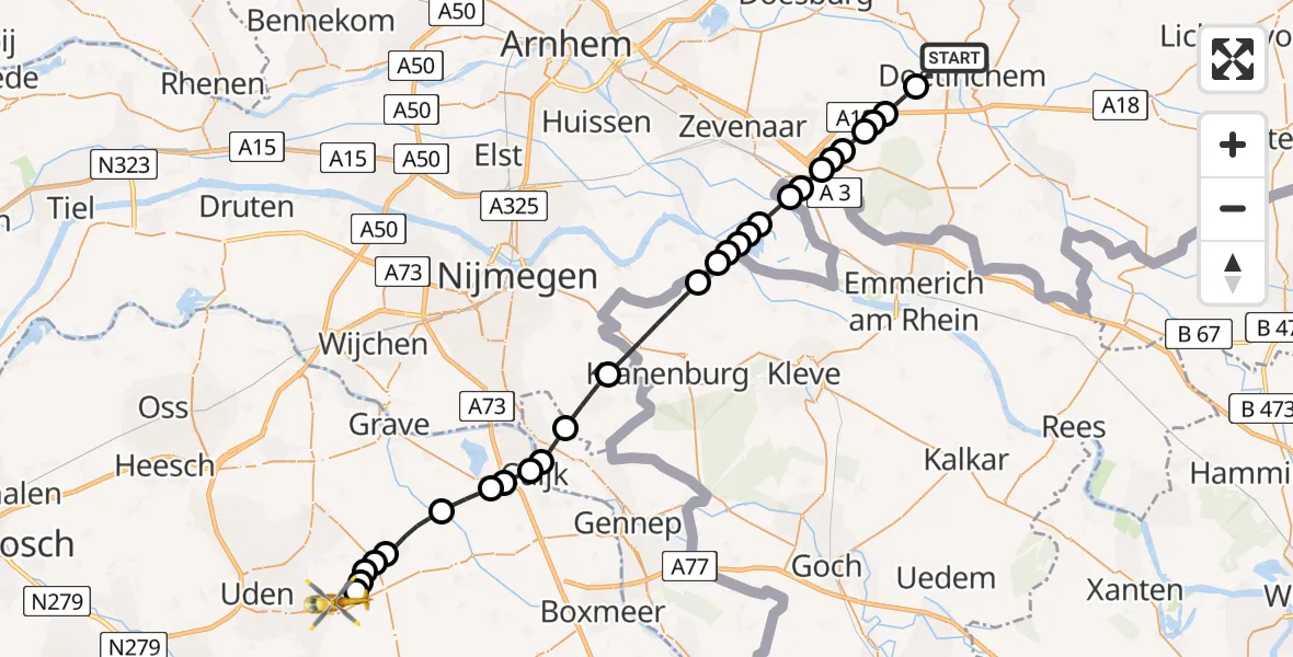 Vluchtroute Traumahelikopter Doetinchem - Vliegbasis Volkel, 24 juli 2026, 11:55
