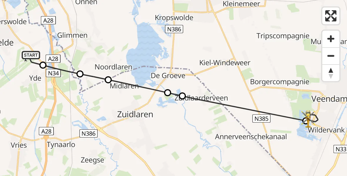 Vluchtroute Traumahelikopter Groningen Airport Eelde - Veendam, 24 juli 2026, 16:24