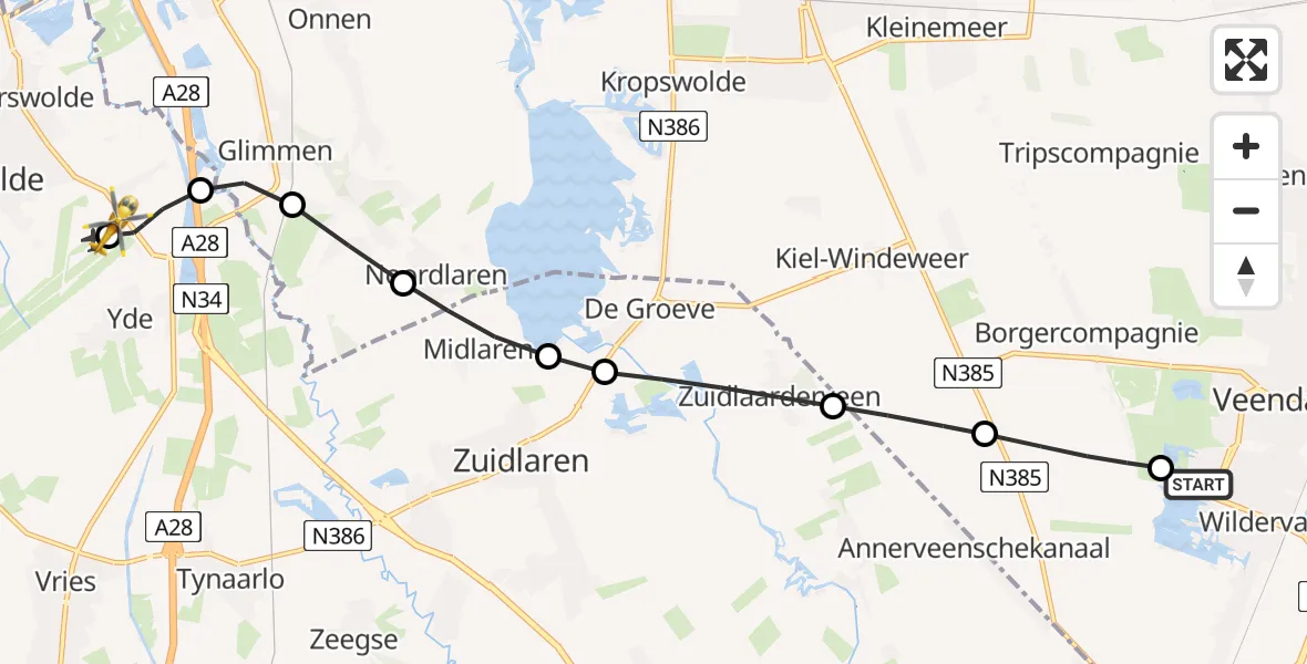 Vluchtroute Traumahelikopter Veendam - Groningen Airport Eelde, 24 juli 2026, 16:58