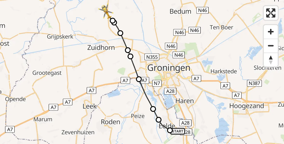 Vluchtroute Traumahelikopter Groningen Airport Eelde - Oldehove, 24 juli 2026, 17:20