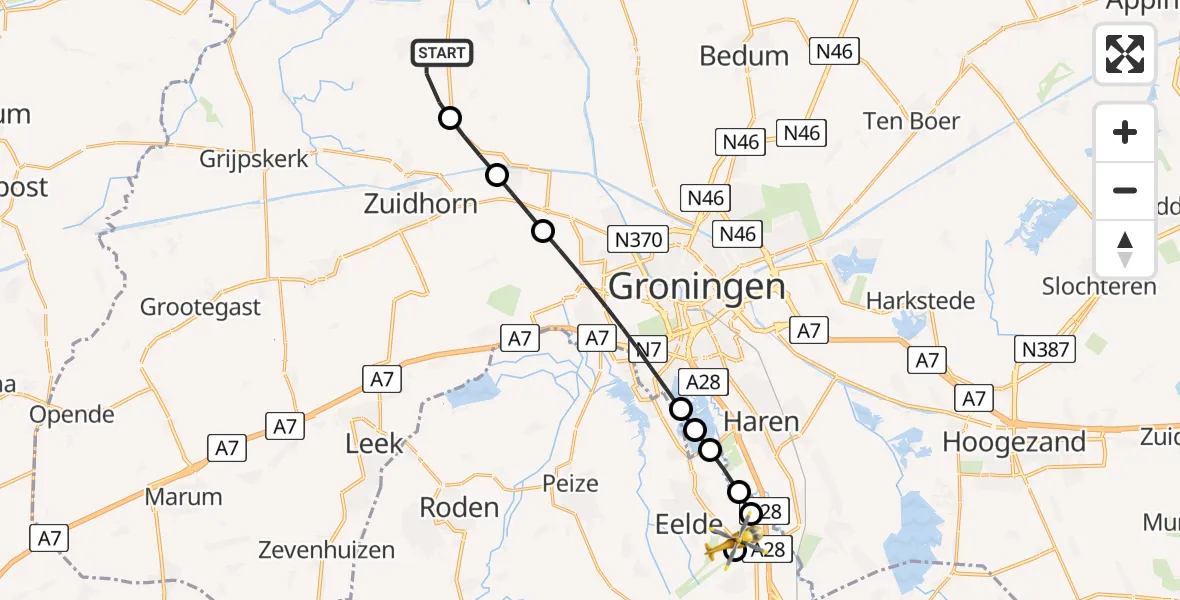 Vluchtroute Traumahelikopter Oldehove - Groningen Airport Eelde, 24 juli 2026, 17:44