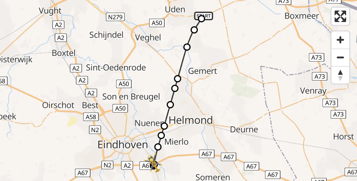 Vluchtroute Traumahelikopter Vliegbasis Volkel - Geldrop, 24 juli 2026, 18:10