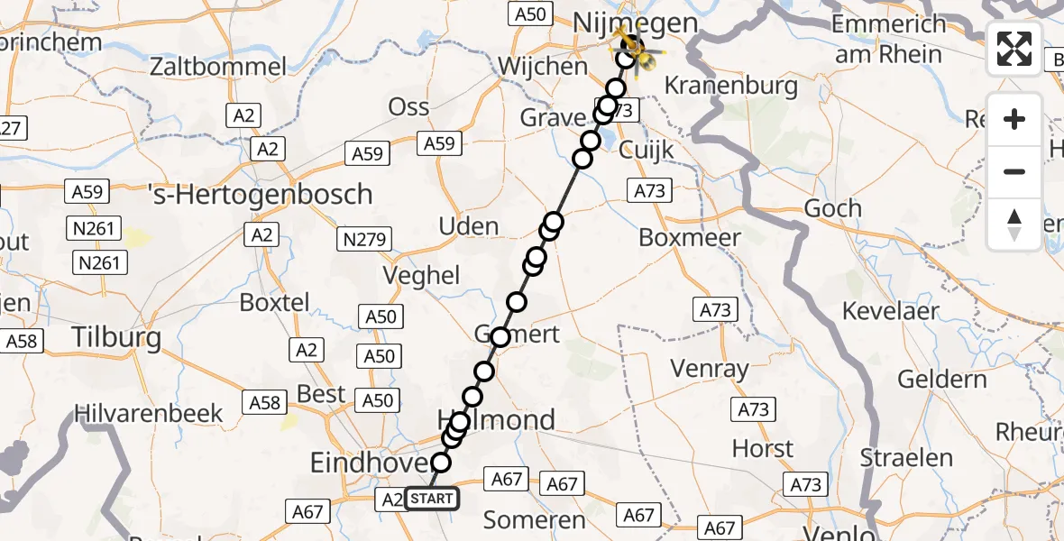 Vluchtroute Traumahelikopter Geldrop - Radboud University Medical Center Heliport, 24 juli 2026, 18:39