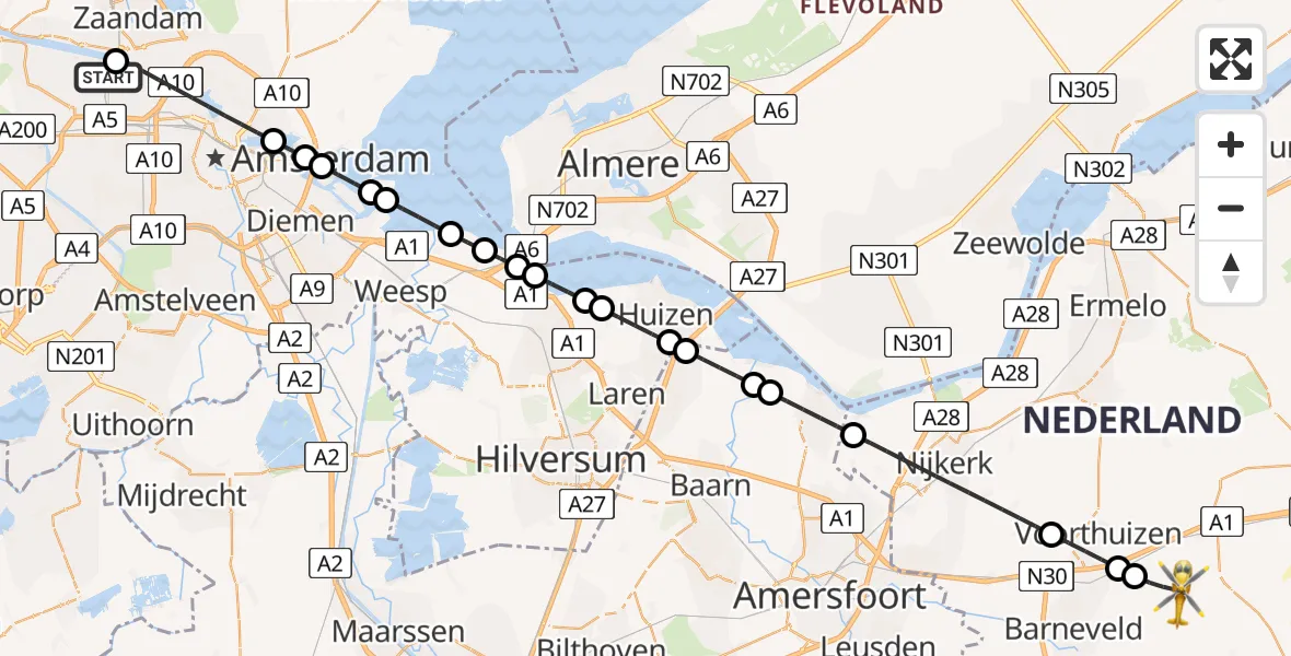Vluchtroute Traumahelikopter Amsterdam Heliport - Kootwijkerbroek, 24 juli 2026, 19:12