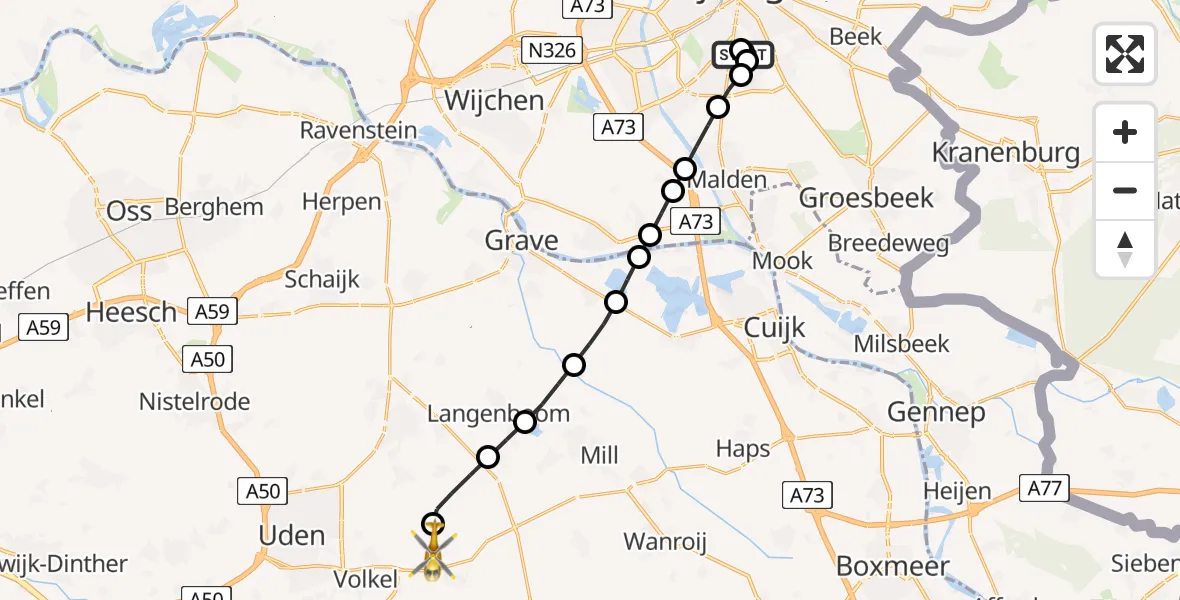 Vluchtroute Traumahelikopter Radboud Universitair Medisch Centrum - Vliegbasis Volkel, 24 juli 2026, 19:21