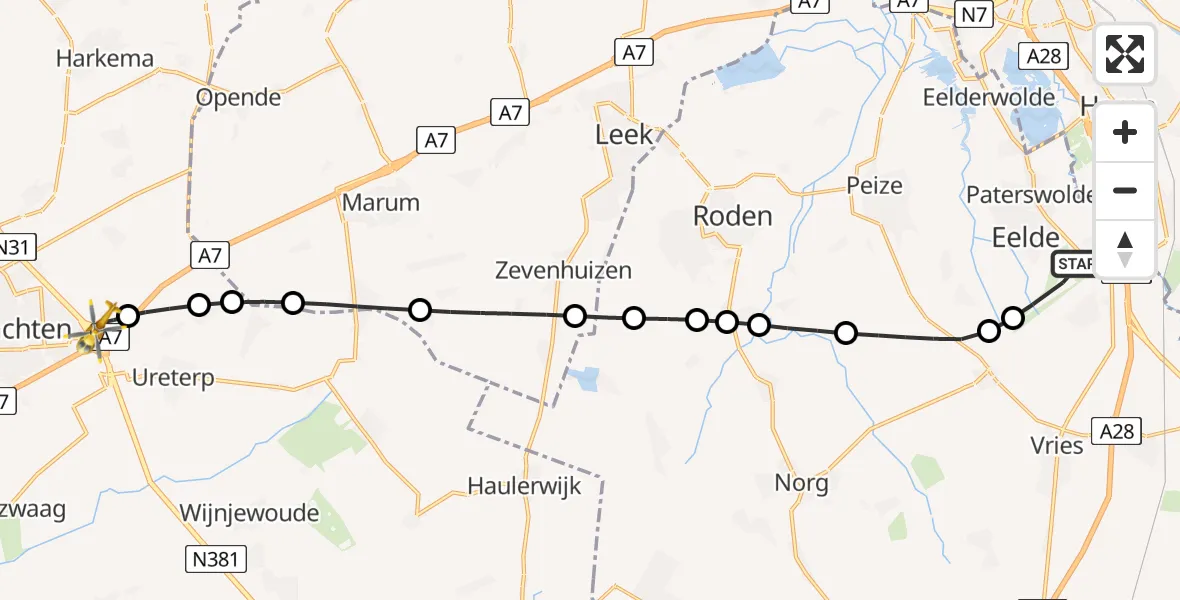 Vluchtroute Traumahelikopter Groningen Airport Eelde - Drachten, 24 juli 2026, 20:00