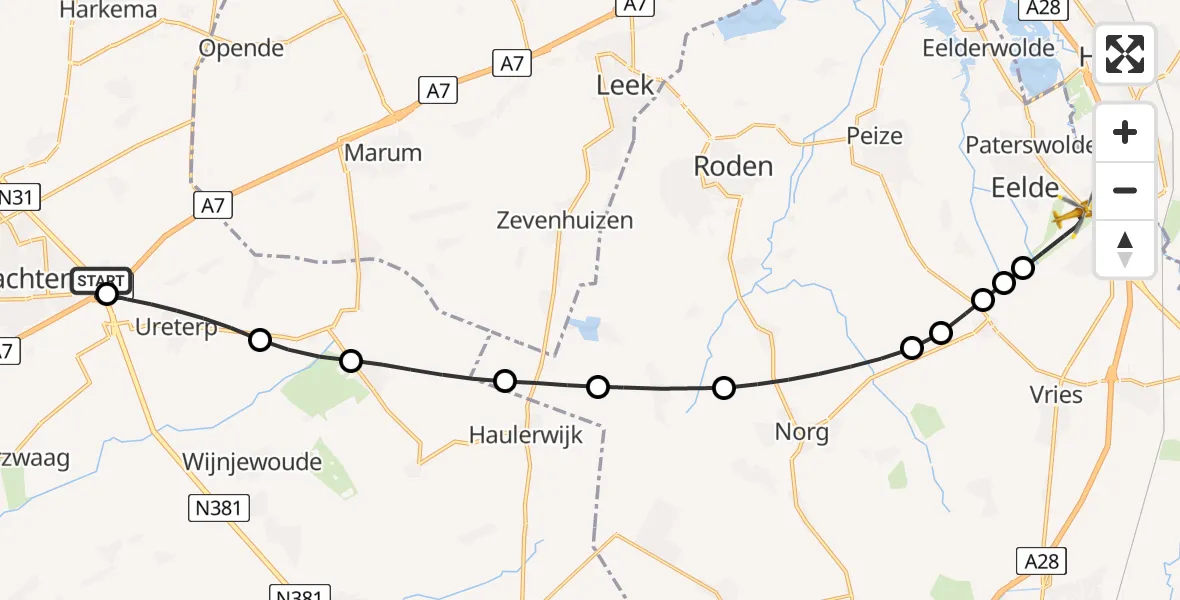 Vluchtroute Traumahelikopter Drachten - Groningen Airport Eelde, 24 juli 2026, 20:23
