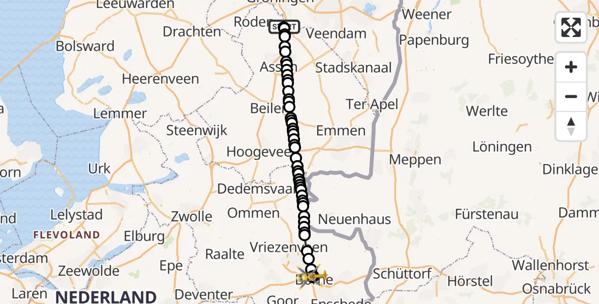 Vluchtroute Traumahelikopter Groningen Airport Eelde - Borne, 24 juli 2026, 20:45