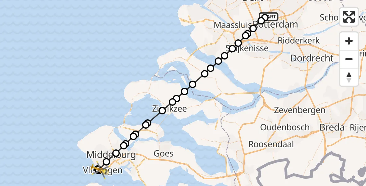 Vluchtroute Traumahelikopter Rotterdam The Hague Airport - Vlissingen, 24 juli 2026, 21:43