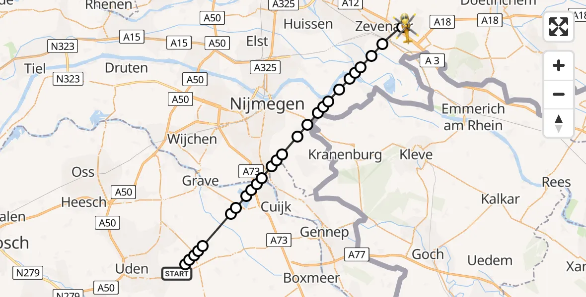 Vluchtroute Traumahelikopter Vliegbasis Volkel - Didam, 24 juli 2026, 22:34