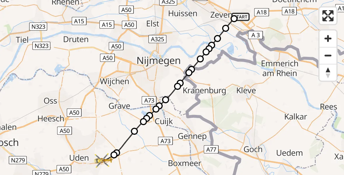 Vluchtroute Traumahelikopter Didam - Vliegbasis Volkel, 24 juli 2026, 23:13