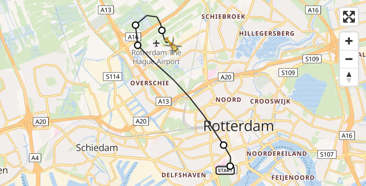 Vluchtroute Traumahelikopter Erasmus MC - Rotterdam The Hague Airport, 24 juli 2026, 23:34