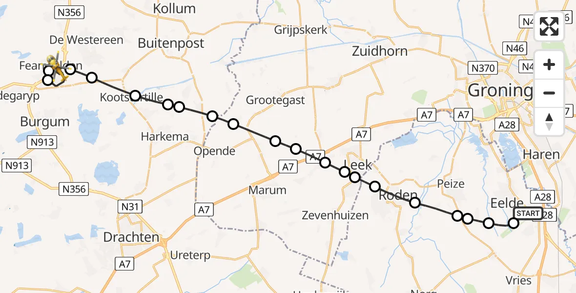 Vluchtroute Traumahelikopter Groningen Airport Eelde - Noardburgum, 25 juli 2026, 00:35