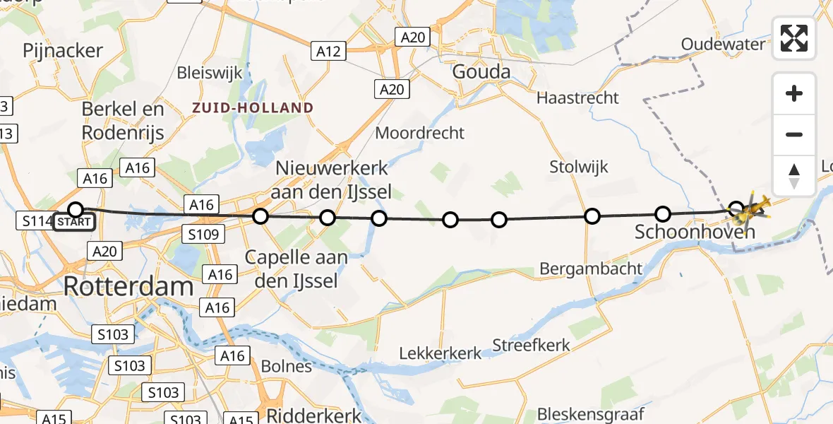 Vluchtroute Traumahelikopter Rotterdam The Hague Airport - Lopik, 25 juli 2026, 04:59