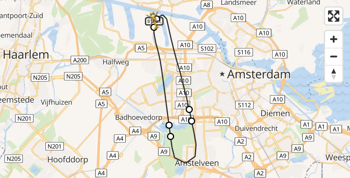 Vluchtroute Traumahelikopter Amsterdam Heliport - Amsterdam Heliport, 25 juli 2026, 05:46