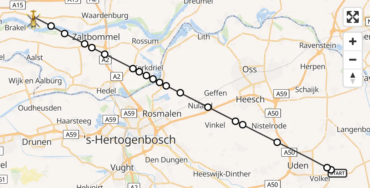 Vluchtroute Traumahelikopter Vliegbasis Volkel - Herwijnen, 25 juli 2026, 06:03