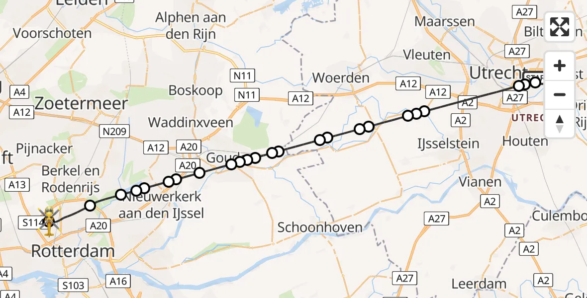 Vluchtroute Traumahelikopter Universitair Medisch Centrum Utrecht - Rotterdam The Hague Airport, 25 juli 2026, 06:20