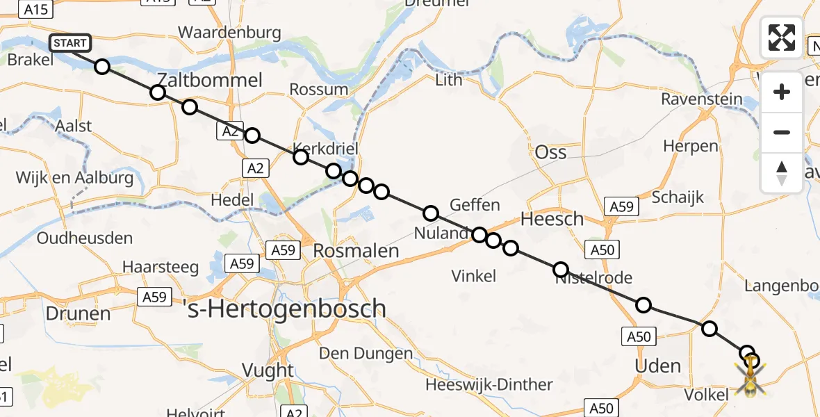 Vluchtroute Traumahelikopter Herwijnen - Vliegbasis Volkel, 25 juli 2026, 06:47
