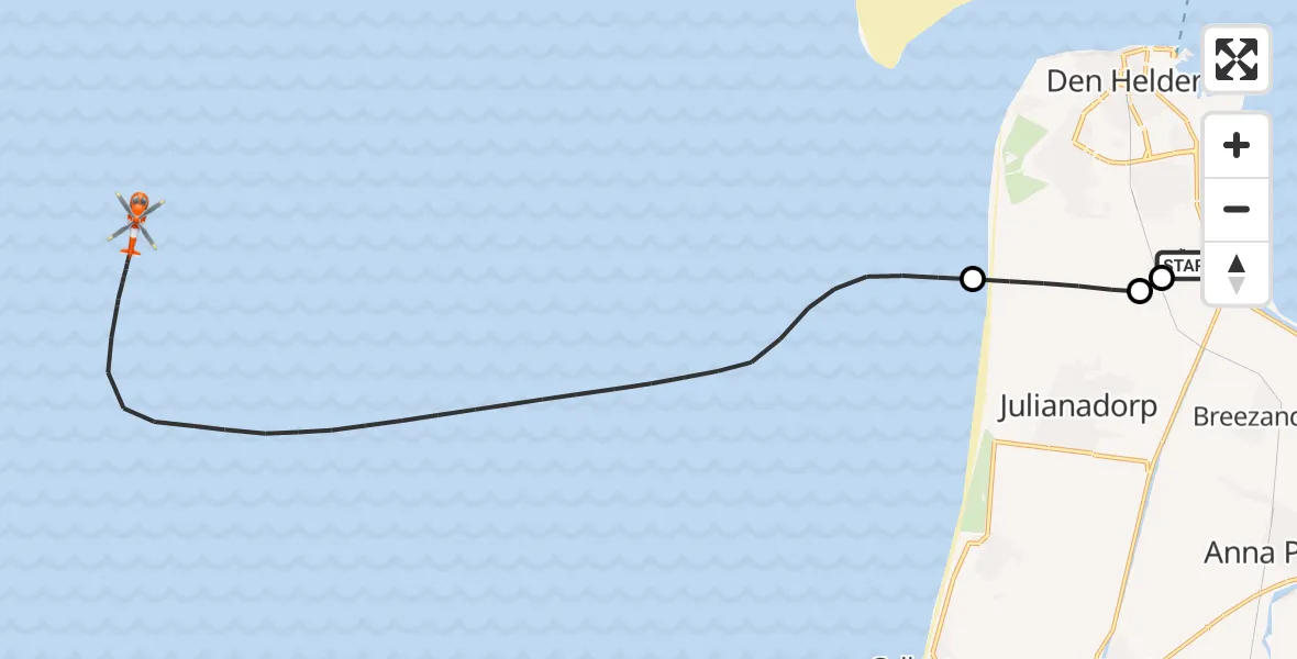 Vluchtroute Kustwachthelikopter Militair vliegveld De Kooy / Den Helder Airport - Noordzee, 25 juli 2026, 08:07