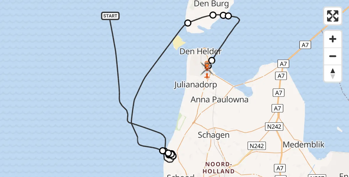 Vluchtroute Kustwachthelikopter Noordzee - Militair vliegveld De Kooy / Den Helder Airport, 25 juli 2026, 08:39