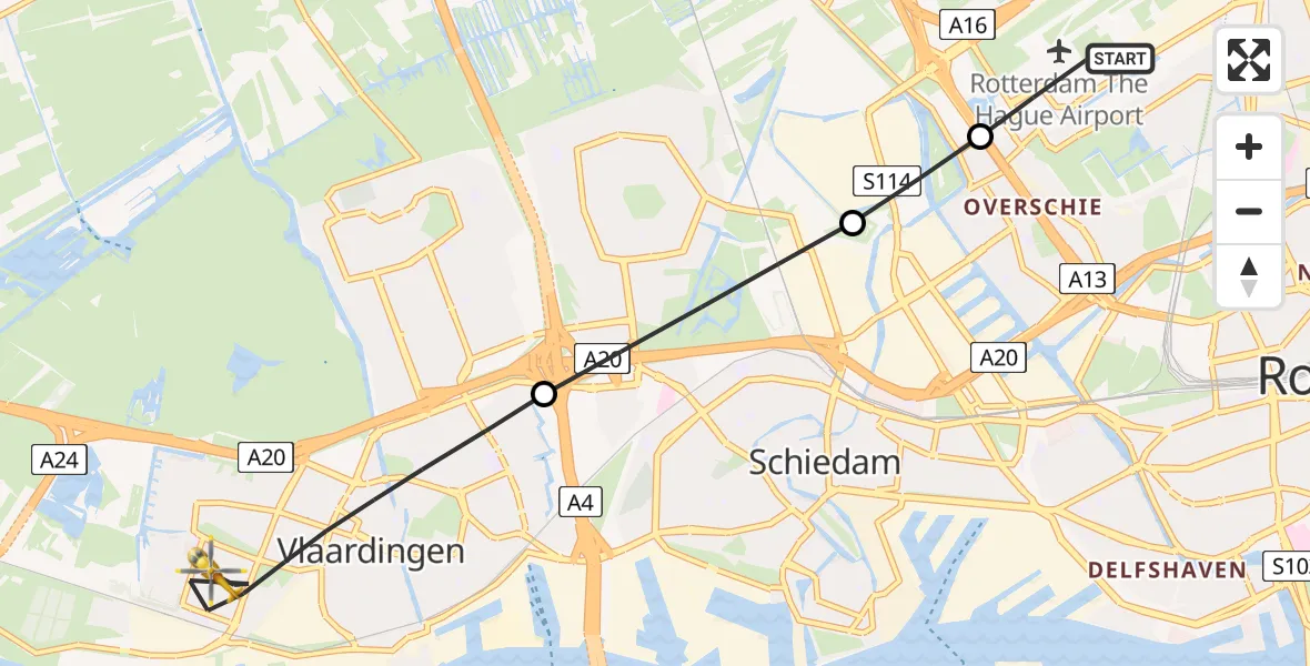 Vluchtroute Traumahelikopter Rotterdam The Hague Airport - Vlaardingen, 25 juli 2026, 09:31