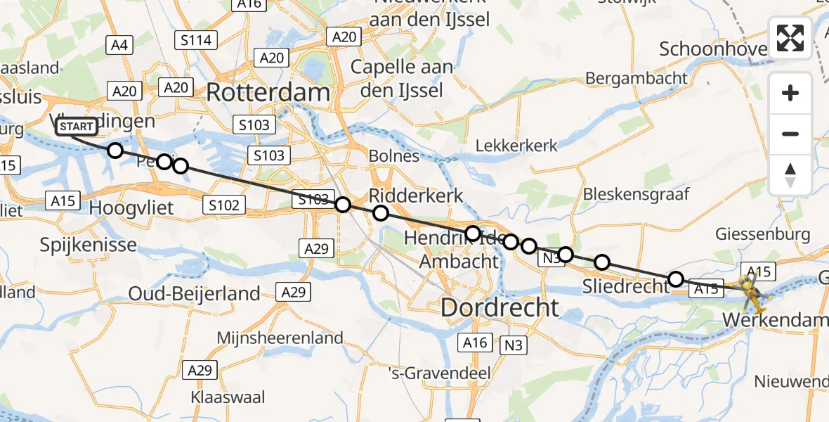 Vluchtroute Traumahelikopter Vlaardingen - Hardinxveld-Giessendam, 25 juli 2026, 09:46