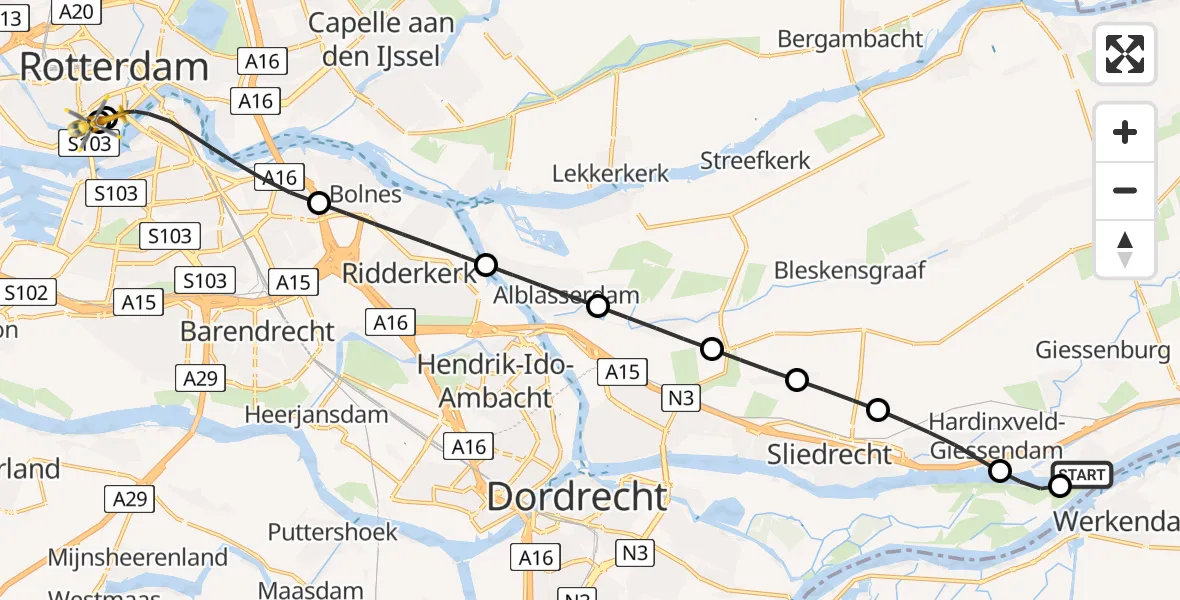 Vluchtroute Traumahelikopter Hardinxveld-Giessendam - Leids Universitair Medisch Centrum (LUMC), 25 juli 2026, 11:16
