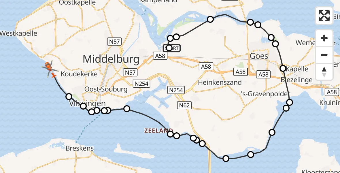 Vluchtroute Kustwachthelikopter Vliegveld Midden-Zeeland - Noordzee, 25 juli 2026, 11:34